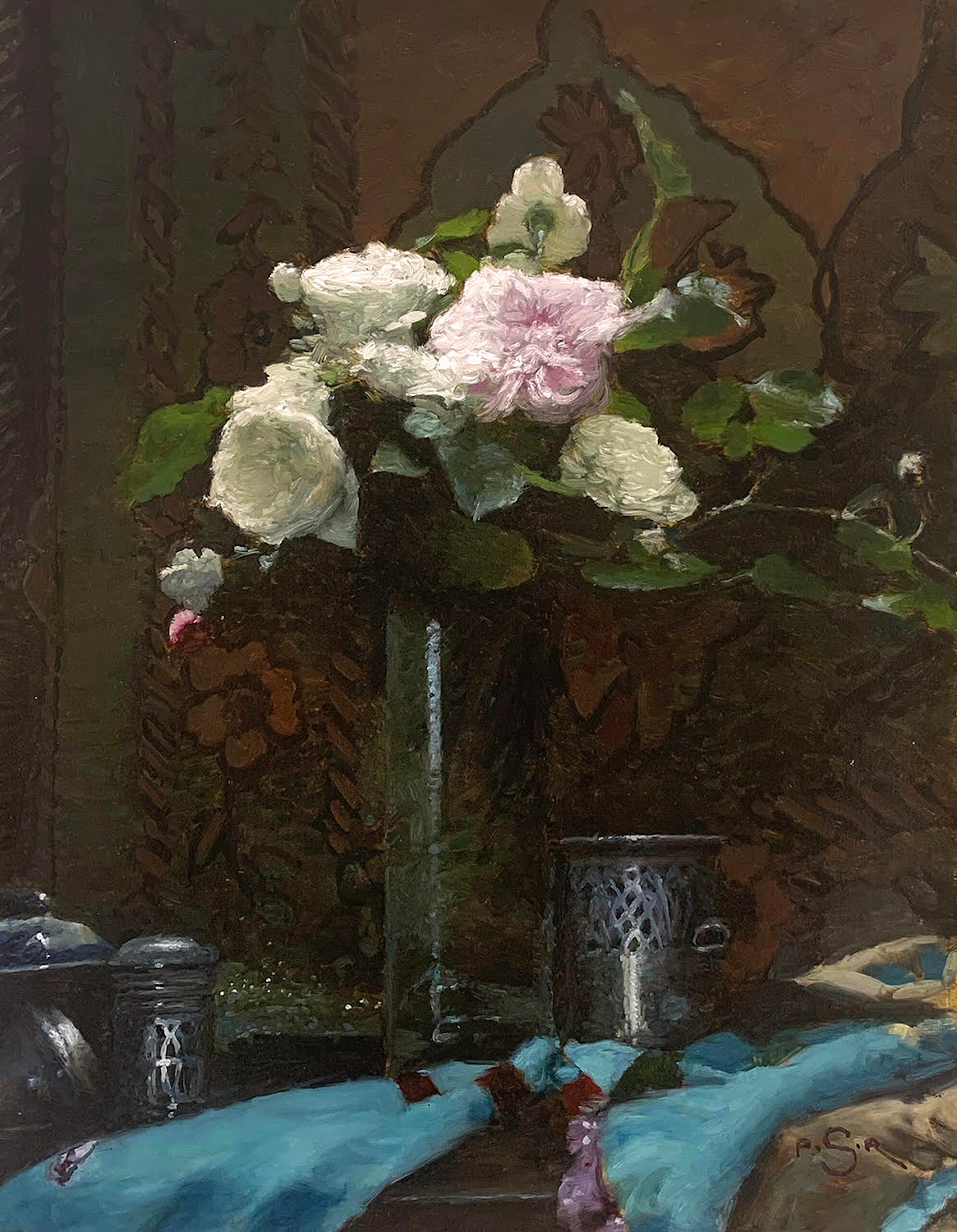 II_F_BODY_ID_ Paul Raymond Seaton_Antique Roses, Silver and Silk, Oil on linen, 18 x 14 in-1